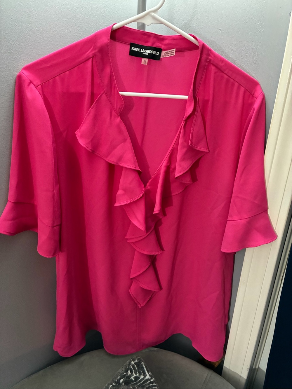 Karl Lagerfeld Hot Pink Ruffle V-Neck Blouse